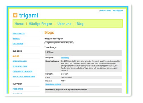 Blog bei Trigami anmelden