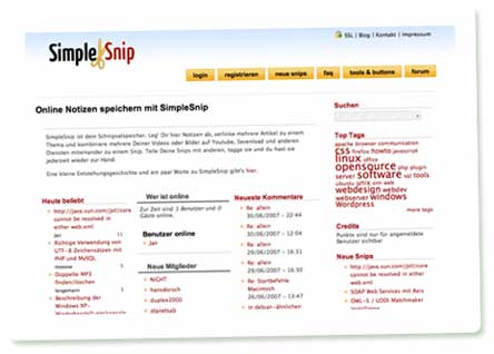 Screenshot: Simplesnip - realisiert mit Drupal