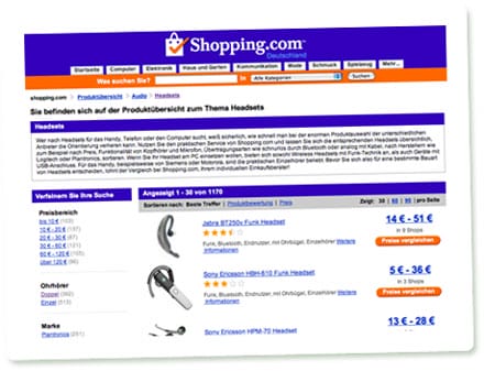 Screenshot der Rubrik Headsets bei Shopping.com