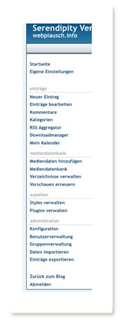Screenshot: Seitenleiste der Verwaltungsoberfläche von Serendipity