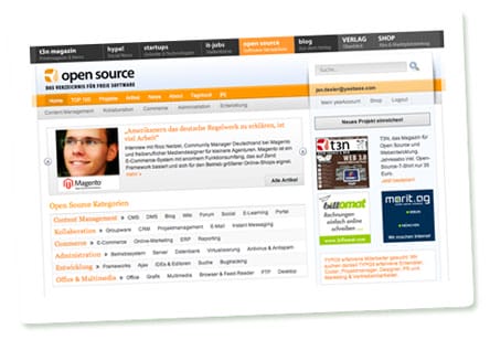 Screenshot: "open source"-Portal von yeebase