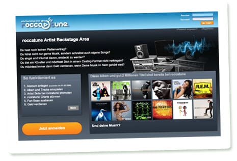 Screenshot der "artist backstage area" von roccatune