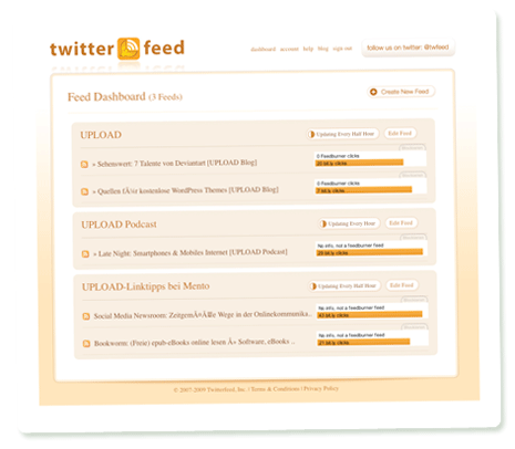 Das Dashboard von Twitterfeed