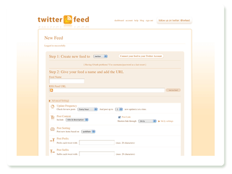 Neuen Feed bei Twitterfeed anlegen