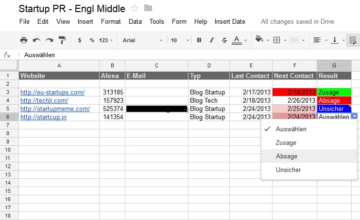 PR-Tabelle mit Spreadsheet