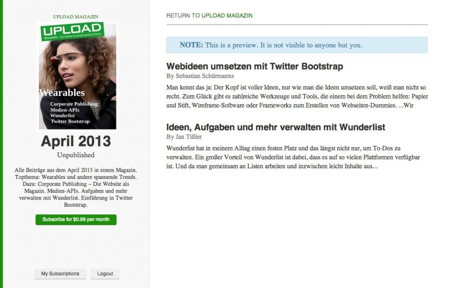 Und so die Vorschau der Ausgabe, hier nur mit den beiden Testbeiträgen. periodical-magazine-preview