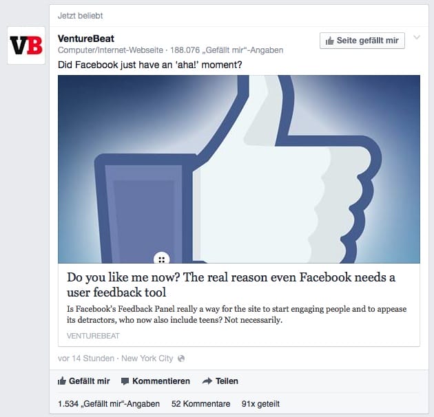 Dieser Beitrag der Fanpage von VentureBeat schaffte es allein durch die hohe Zahl an Interaktionen in meinen Newsfeed.