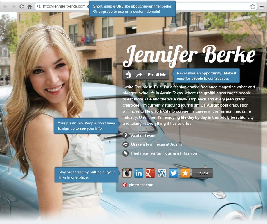 Virtuelle Visitenkarten wie About.me können einen guten Ersten Eindruck vermitteln und weisen den Weg zu weiteren Kanälen.