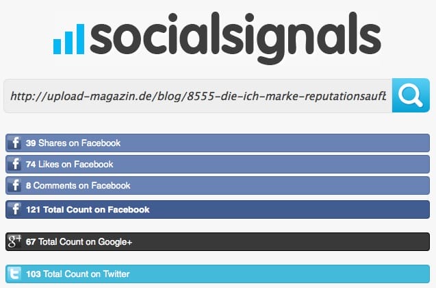 Werden die sozialen Reaktionen nicht angezeigt, bieten Tools wie socialsignals ihre Hilfe an: Einfach die URL des Blogbeitrags kopieren und in die Eingabezeile einsetzen…