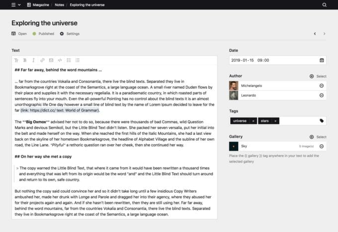 Dashboard von Kirby 3