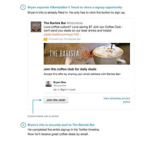 Lead Generation Card: Viel Aufmerksamkeit und Datenübermittlung innerhalb des Tweets (Screenshot: blog.twitter.com)