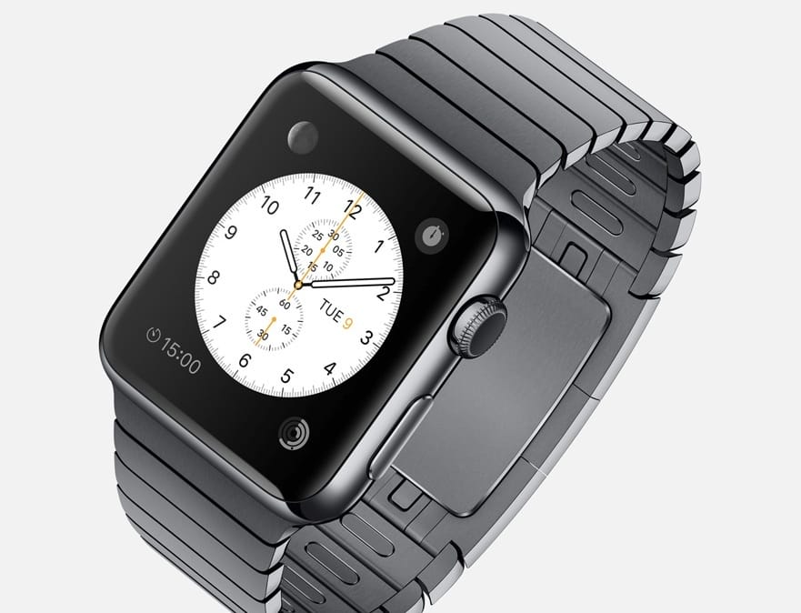 Die Apple Watch, hier mit einem Edelstahlarmband, tarnt sich wie eine ganz gewöhnliche Armbanduhr und hat Techies ebenso wie modische Menschen in Visier.
