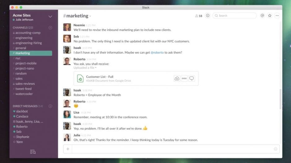 Beispielhafte Ansicht eines Chatraums in Slack.
