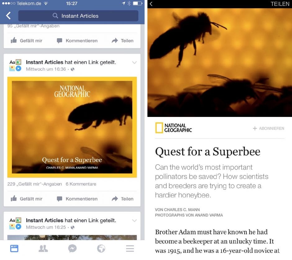 Die Instant Articles lassen sich derzeit am leichtesten über die Page finden(links). Die Ansicht auf dem iPhone hat nichts mehr mit dem Look & Feel von Facebook zu tun (rechts).