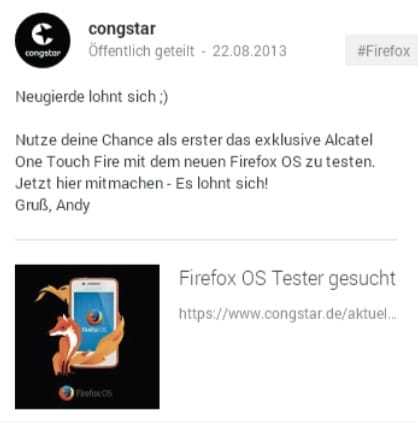 Congstar bietet einen Gewinnspiellink auf Google+ an. Dieser Verweis wird von Google+ geduldet und ist nach den Nutzungsbedingungen wie auch nach den gesetzlichen Vorschriften zulässig.