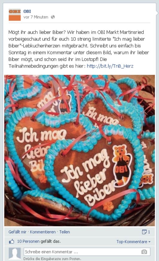 Bei dem Gewinnspiel auf der Facebook-Seite von Obi werden die Teilnahmebedingungen über einen Link zur Verfügung gestellt.