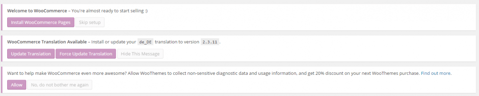WooCommerce Meldungen nach der Installation