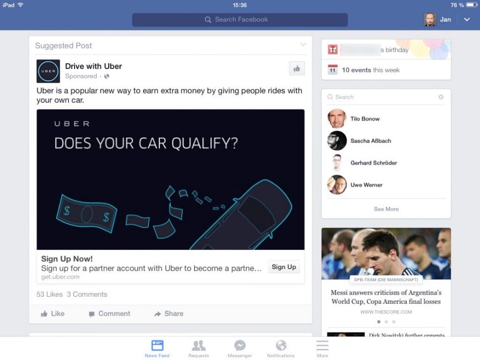 Facebook auf dem iPad mit einer Werbung von Uber.
