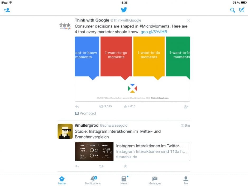 Twitter auf dem iPad mit einer Werbung für „Think with Google“.