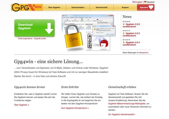 Website von Gpg4win, einer Verschlüsselungslösung für Outlook.