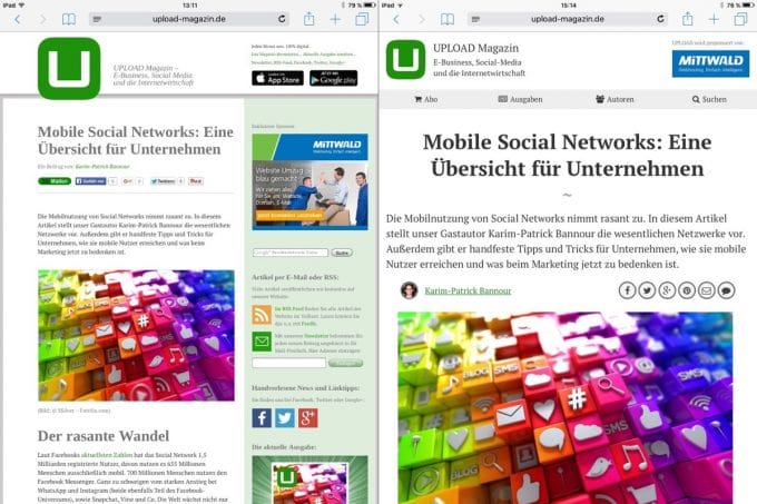 Ein Artikel im alten und neuen Layout auf einem iPad.