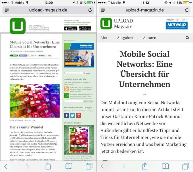 Artikel im alten und neuen Layout auf einem iPhone 6.