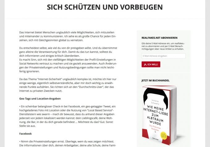 Die Seite realfakes.net von Victoria Schwartz aus Hamburg informiert über bekannte und neue Betrugsmaschen.