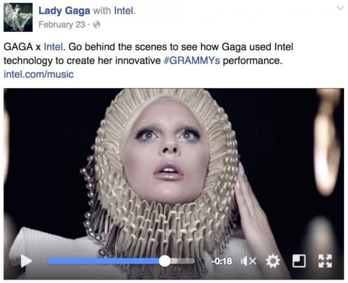 „Lady Gaga with Intel“ – so sieht der etwas unscheinbare tag für Branded Content aus, den Facebook kürzlich vorstellte.