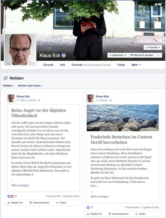 Content-Experte Klaus Eck nutzt regelmäßig die Notizen-Funktion auf seinem Facebook-Profil.