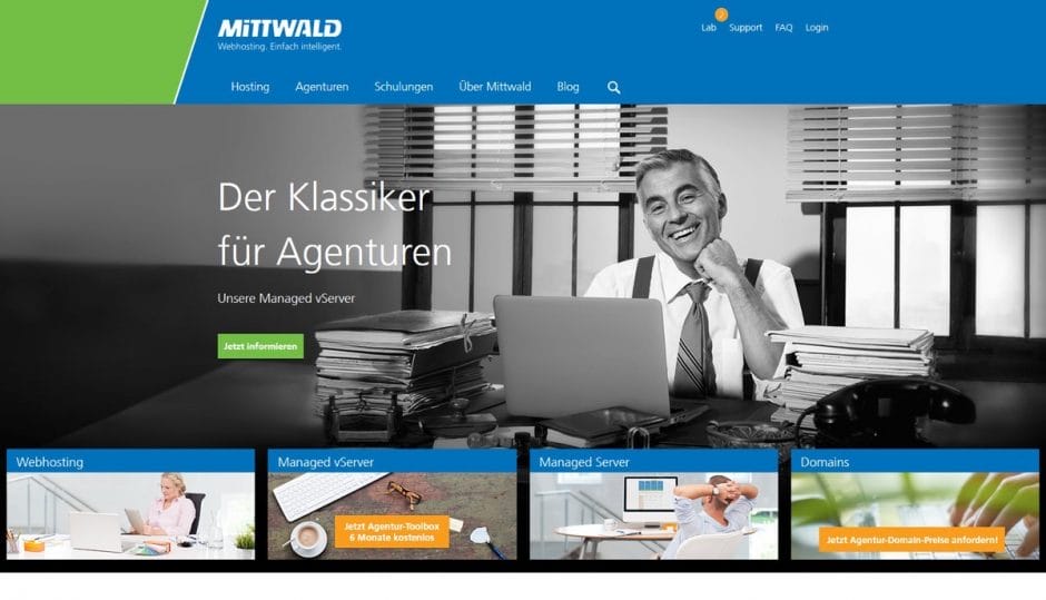 Bei Mittwald haben wir vor Einführung neuer Startseiten-Elemente A/B-Tests unterschiedlicher Varianten durchgeführt. Die Sieger-Variante mit vier Teaser-Boxen wurden schließlich live geschaltet.