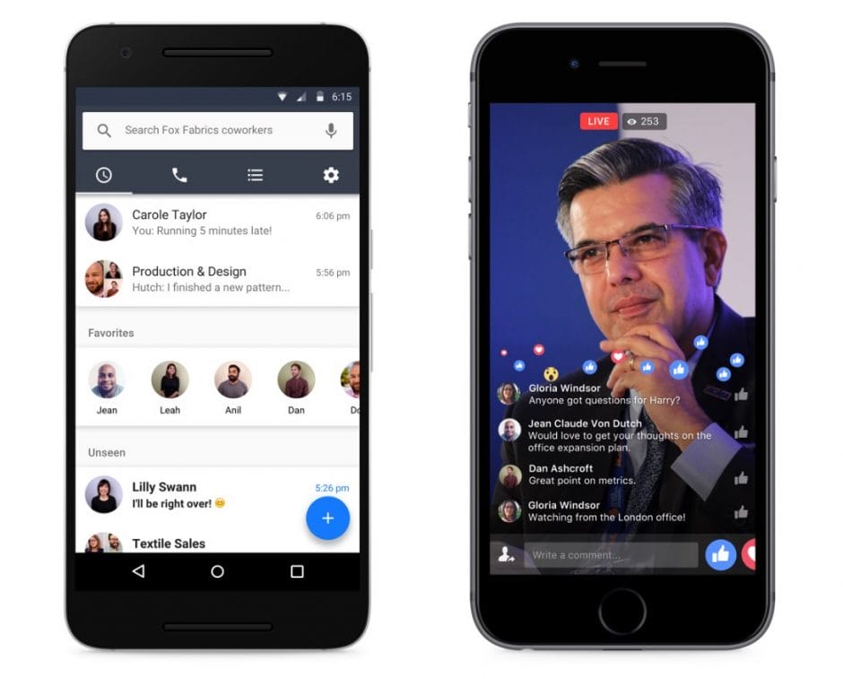 Facebooks „Workplace“ will vor allem mit seiner Vertrautheit punkten. Dazu gehören Features wie der Messenger (hier „Work Chat“ genannt) sowie Facebook Live. (Foto: Facebook)