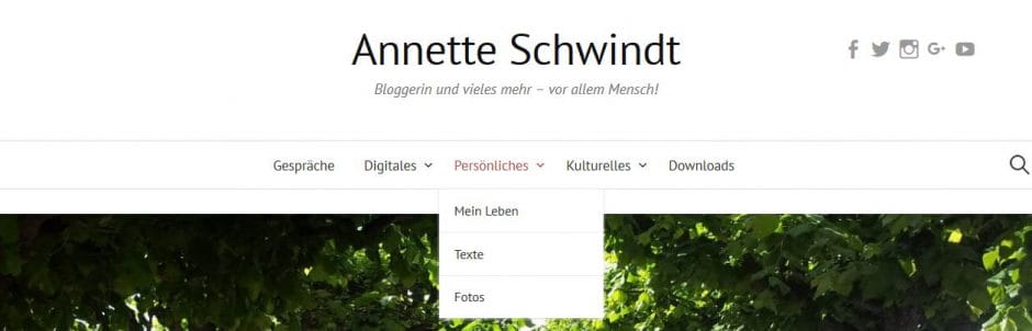 Hauptnavigation annetteschwindt.de mit ausgeklapptem Punkt Persönliches