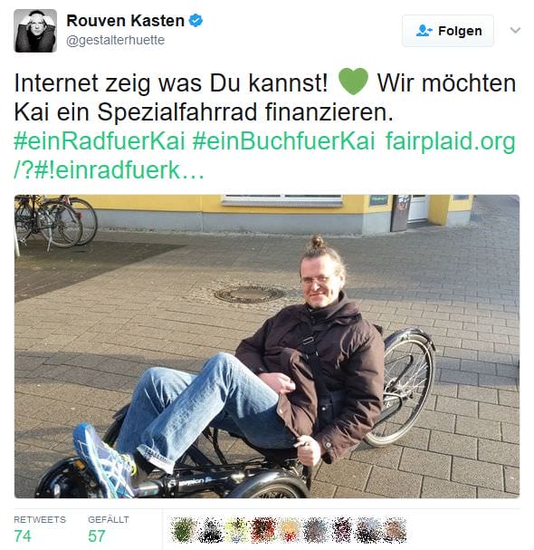 Rouven twittert: Inernet zeig, was Du kannst! wir möchten Kai ein Spezialfahrrad finanzieren! #einRadfuerKai