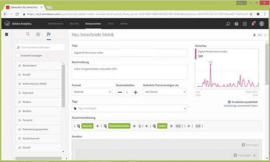 Berechnung des Digital Performance Index im Formel-Editor von Adobe Analytics