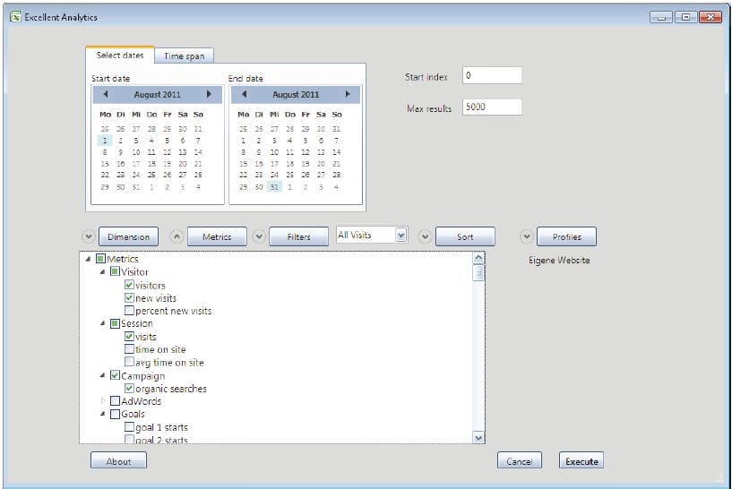 Abb. 14.1: Auswahl und Import von Google-Analytics-Kennzahlen in Excel mit dem Excellent- Analytics-Plugin