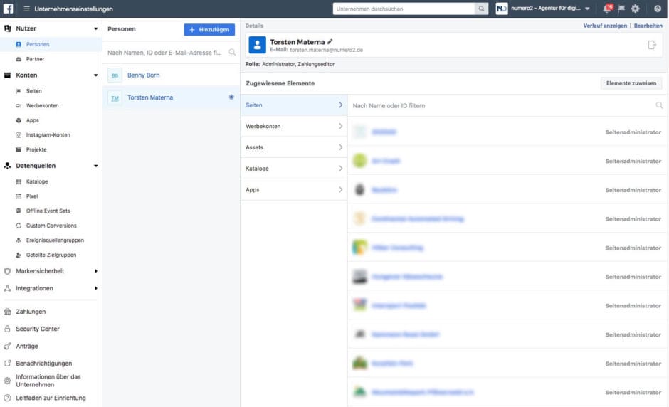 Seiten, die der Benutzer Torsten Materna zur Bearbeitung zugewiesen bekam inkl. Zugriffsrecht