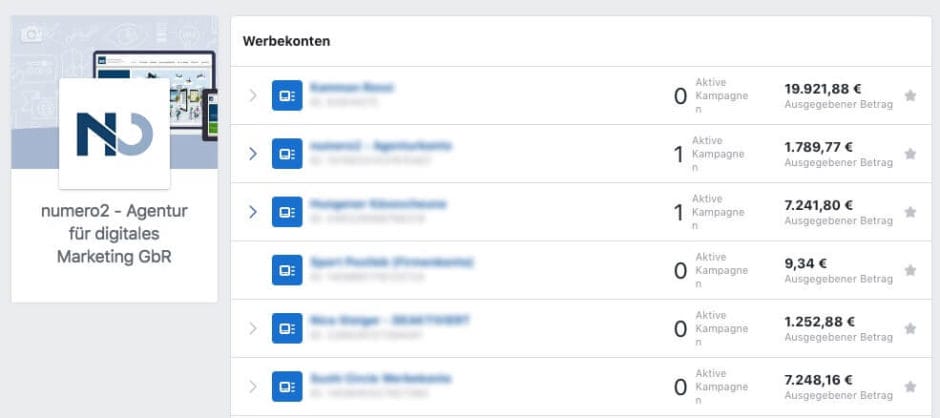 Teilübersicht mehrerer verfügbare Werbekonten im Business Manager von Agentur