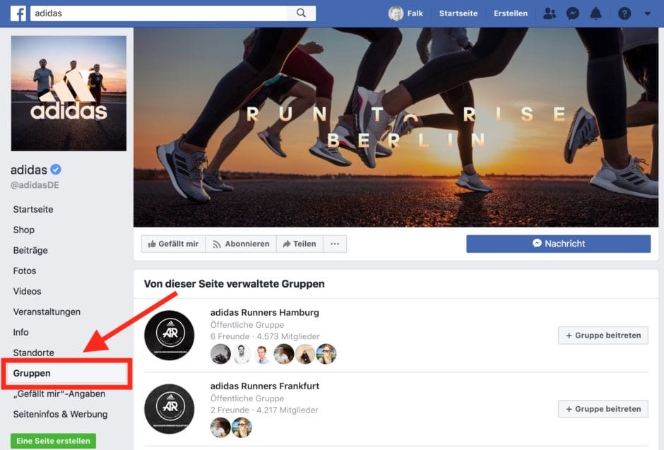 Auf der Fanpage von adidas werden die verknüpften Gruppen in der Seitennavigation angezeigt.