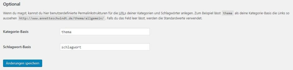 Einstellungen für Linknamen für Kategoie und Schlagwort in WordPress
