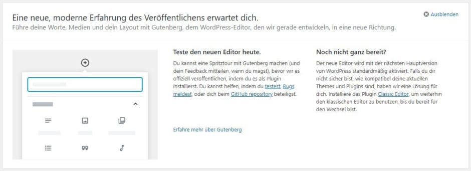 Warnung zu WordPress 5.0 in 4.9.8