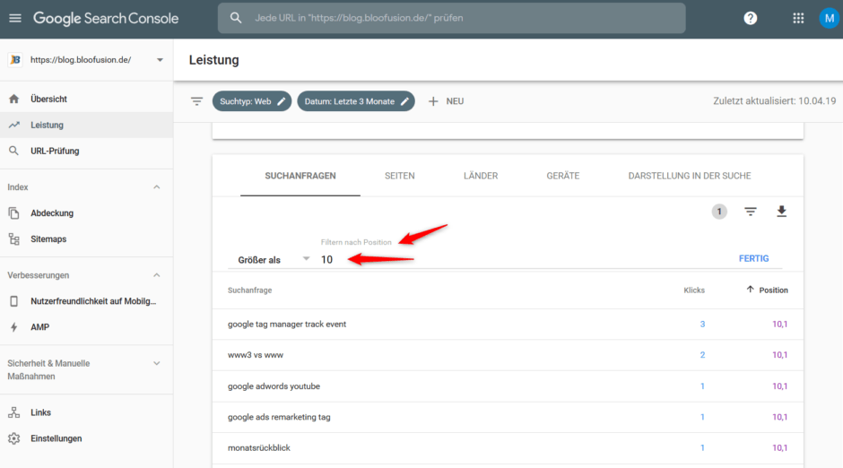 Bericht „Leistung“ in der Google Search Console