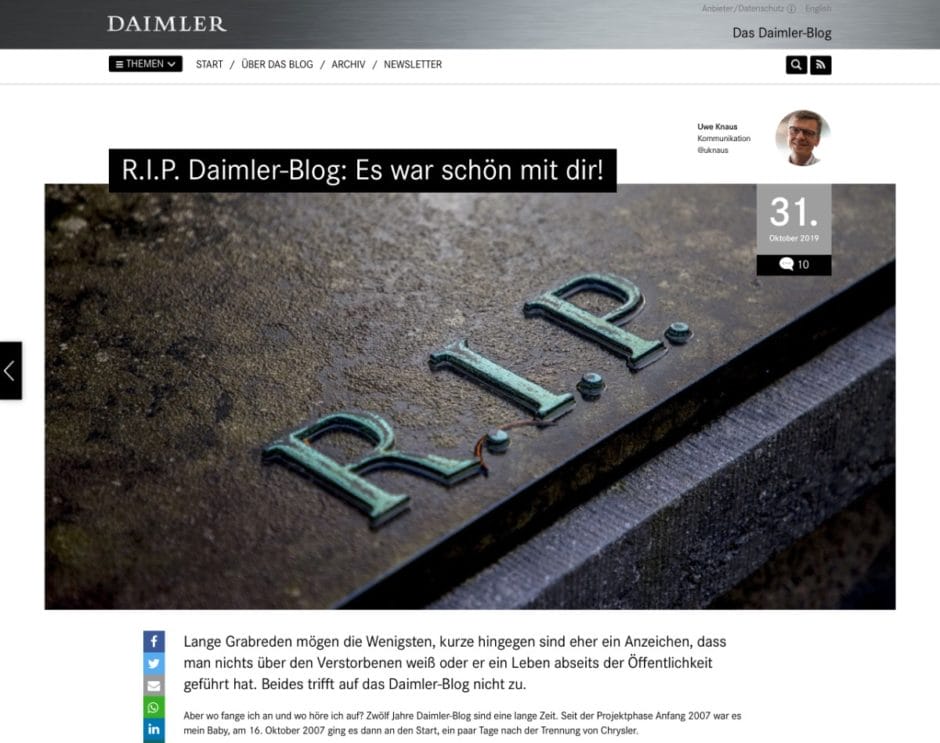 Screenshot Abschiedpost Daimler-Blog