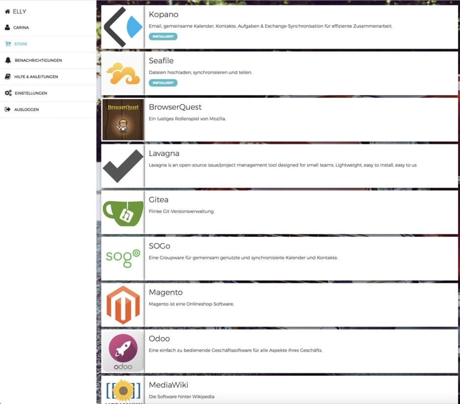 Liste von Anwendungen im ELLY Dashboard