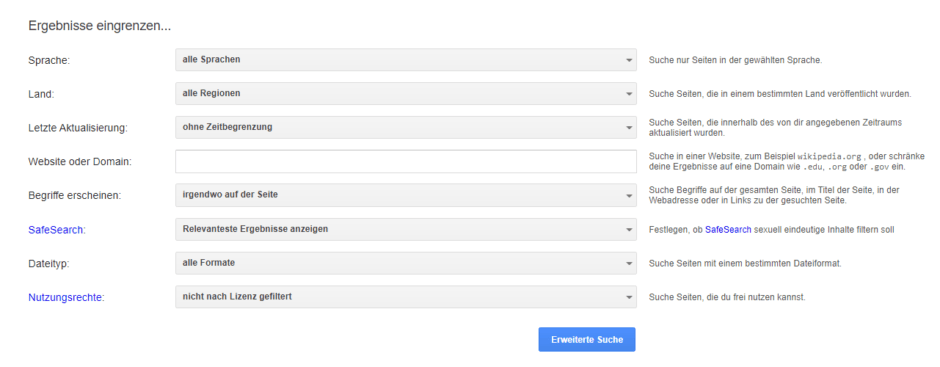 Optionen der erweiterten Google-Suche
