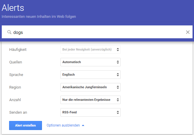 Optionen in den Google Alerts