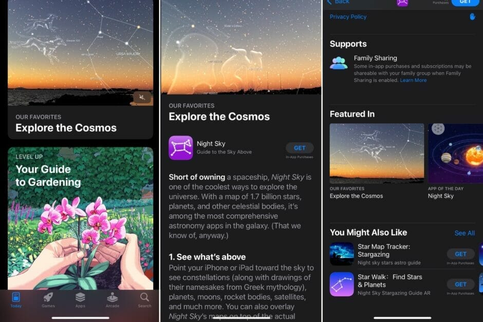 Drei Screenshots aus Apples App Store zeigen, wie nutzwertige Inhalte hier eingebunden sind