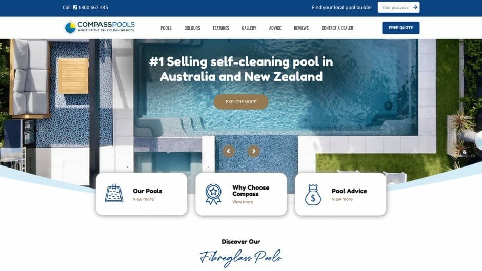 Screenshot zeigt die Website von Compass Pools