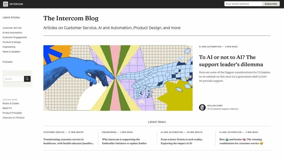 Screenshot zeigt das Intercom Blog