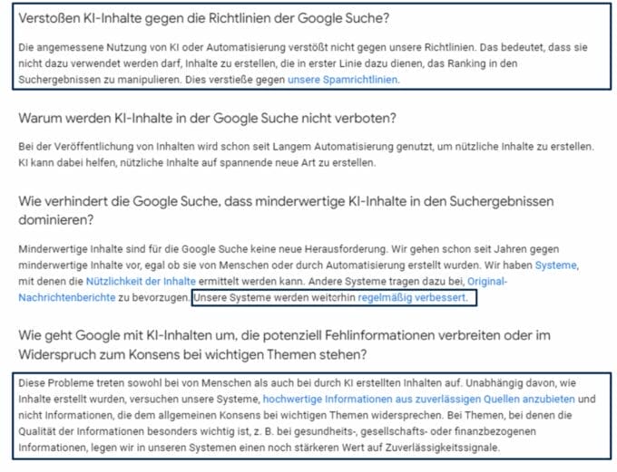 Screenshot zeigt eine offizielle Erklärung von Google zu KI-Inhalten, die solchen Content nicht generell ausschließt oder gar verbietet.