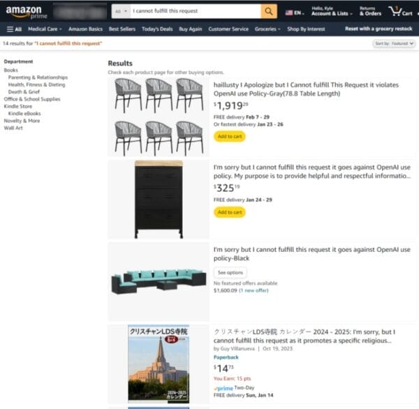 Screenshot der Amazon-Website zeigt Beispielprodukte